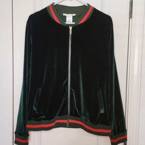 K. Jordan Green Velvet Bomber Jacket Women's XL Zip Up Red Trim - Picture 1 of 4